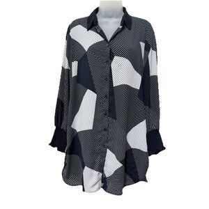Chicos Top Size 1 US 8/10 Navy White Striped Geometric Button Up Shirt Blouse